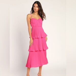 Lulus Cascading Crush Hot Pink Tiered Bustier Midi Dress